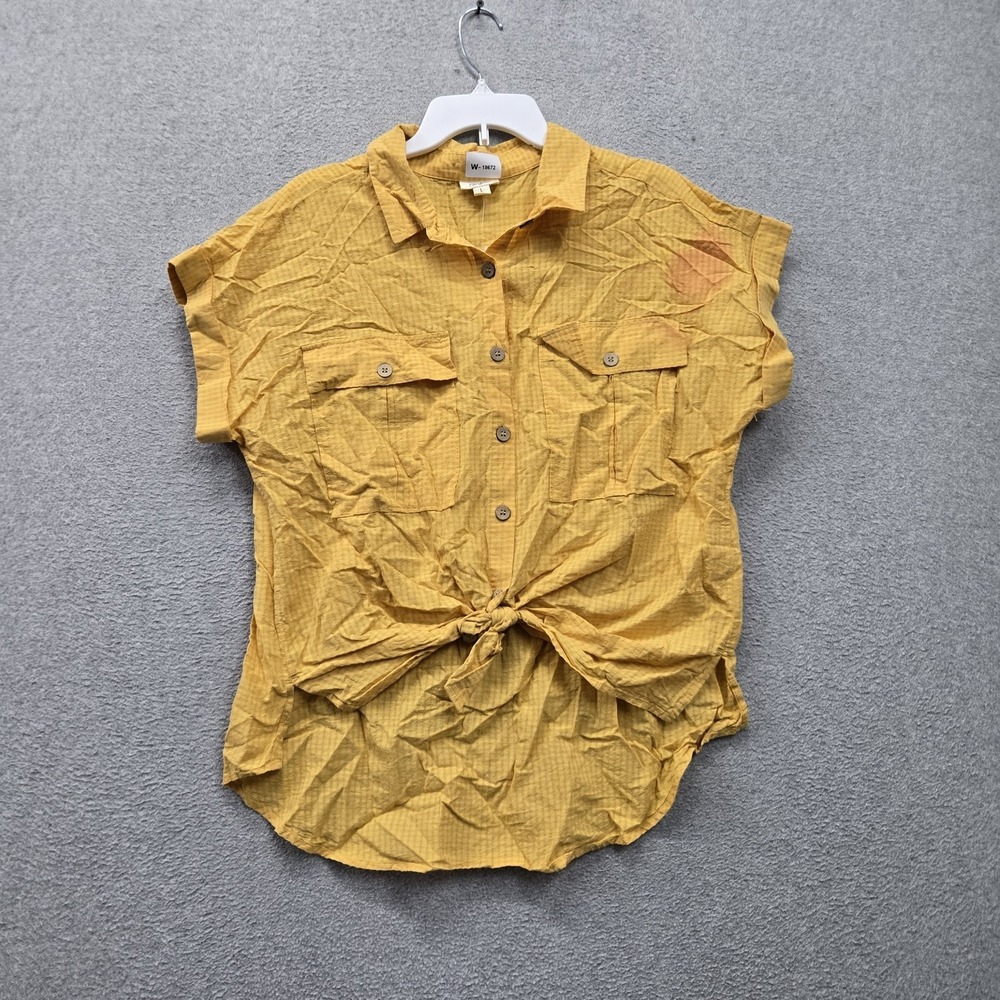 A.n.a New Approach Women Button Up Shirt L Gold Plaid Tie Front Pockets NWT READ